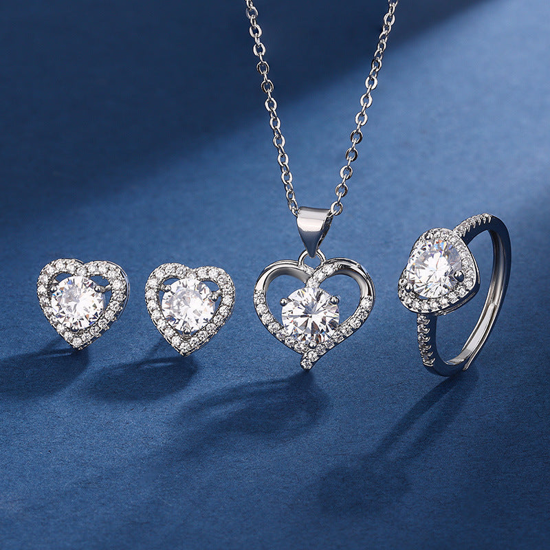 Love Design Silver Necklace Earrings Ring Suit Women