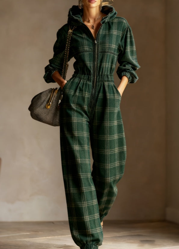 Vintage Plaid Hooded Jumpsuit - Casual Loose Fit Long Sleeve