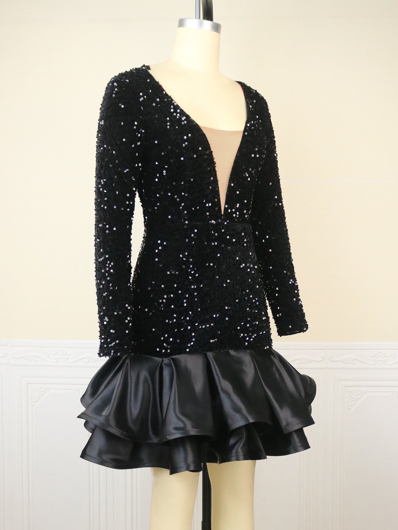 Sequin Deep V-Neck Mini Dress | Black