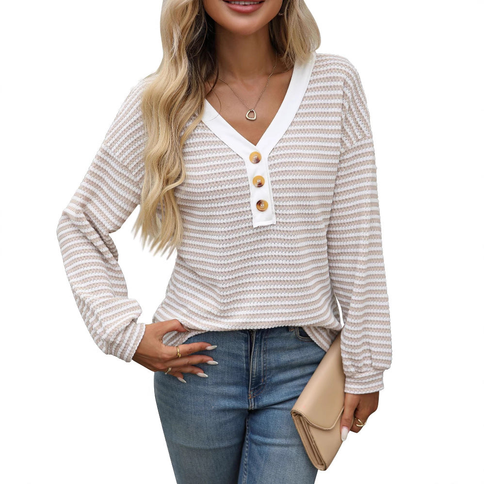 Women's V-Neck Button Pullover - Patchwork Long Sleeve Top