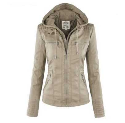 Women's Hooded Leather Jacket - Detachable Hood with Pockets