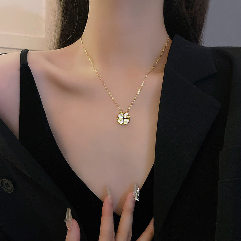 Four Leaf Clover Heart Necklace - Stainless Steel Crystal Pendant