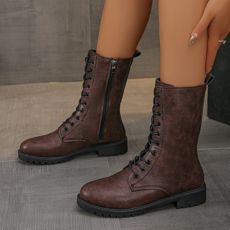 Bottes plates mi-mollet à lacets pour femmes
