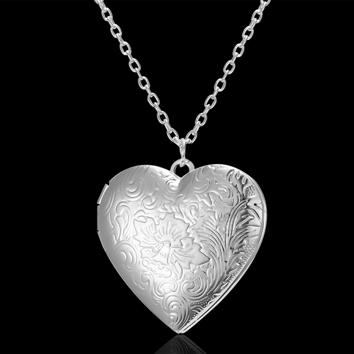 Heart Locket Photo Pendant Necklace - Carved Love Design