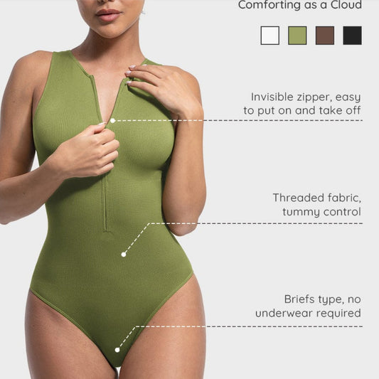 Ribbed Zip-Front Sleeveless Bodysuit for Women