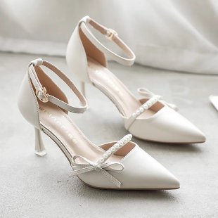 Women's White Pointed-Toe Stiletto Pumps - Elegant French Heel with Versatile Ankle Strap