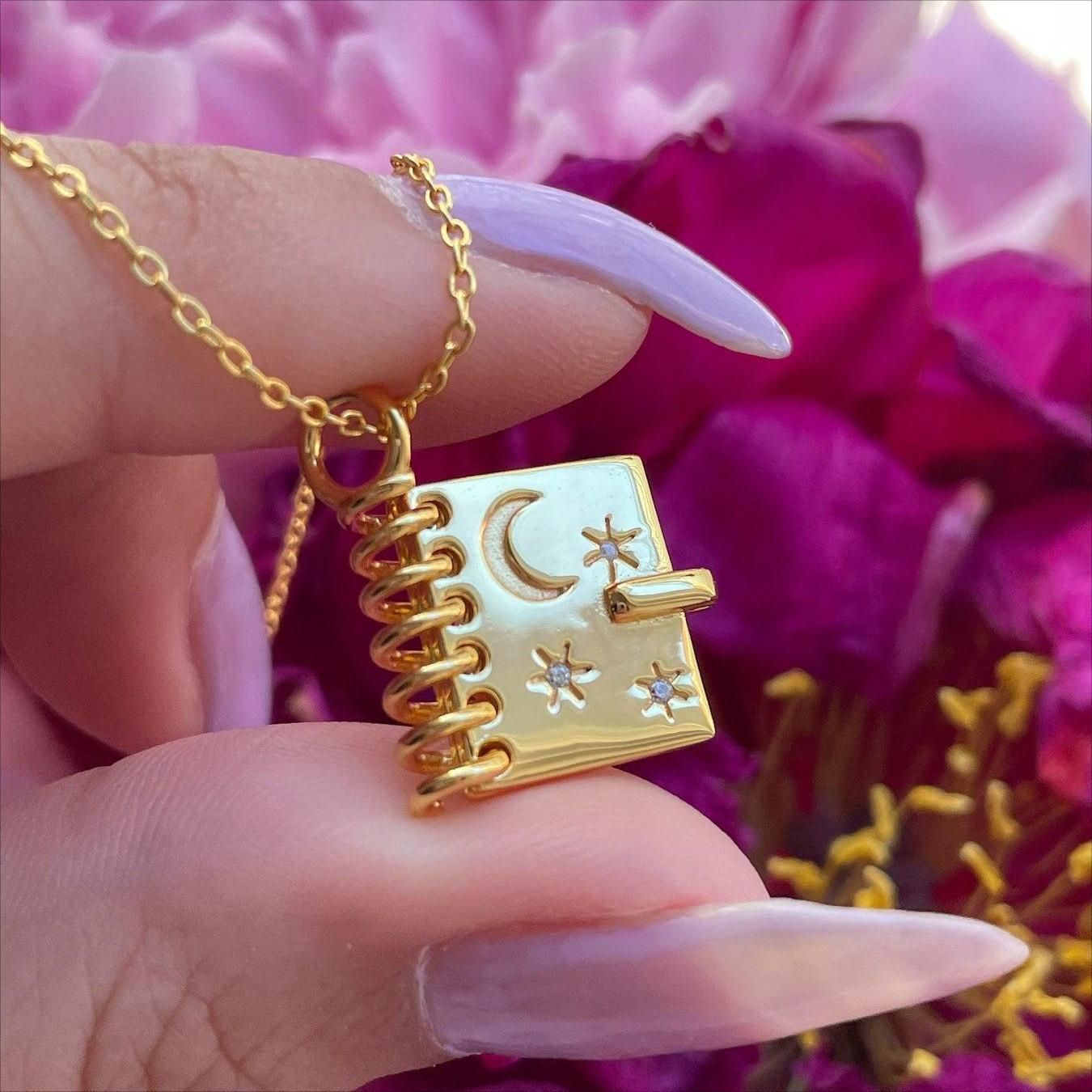 Love Book Locket Necklace - Engraved Stars & Moon Pendant