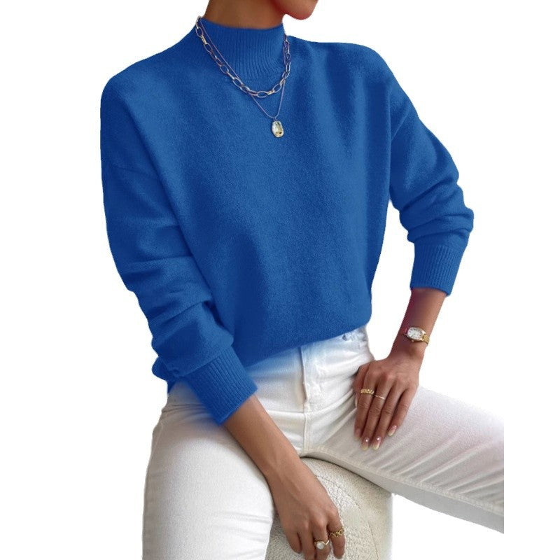 Women's Half-High Collar Knitted Pullover - Solid Color Loose Fit