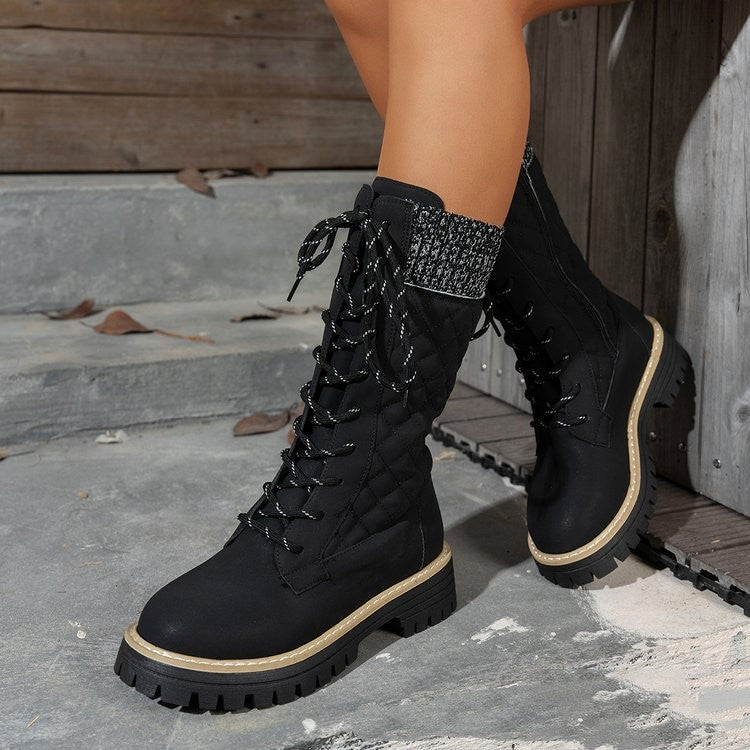 Women's Color-matched lace-up Thick-heeled Martin Boots