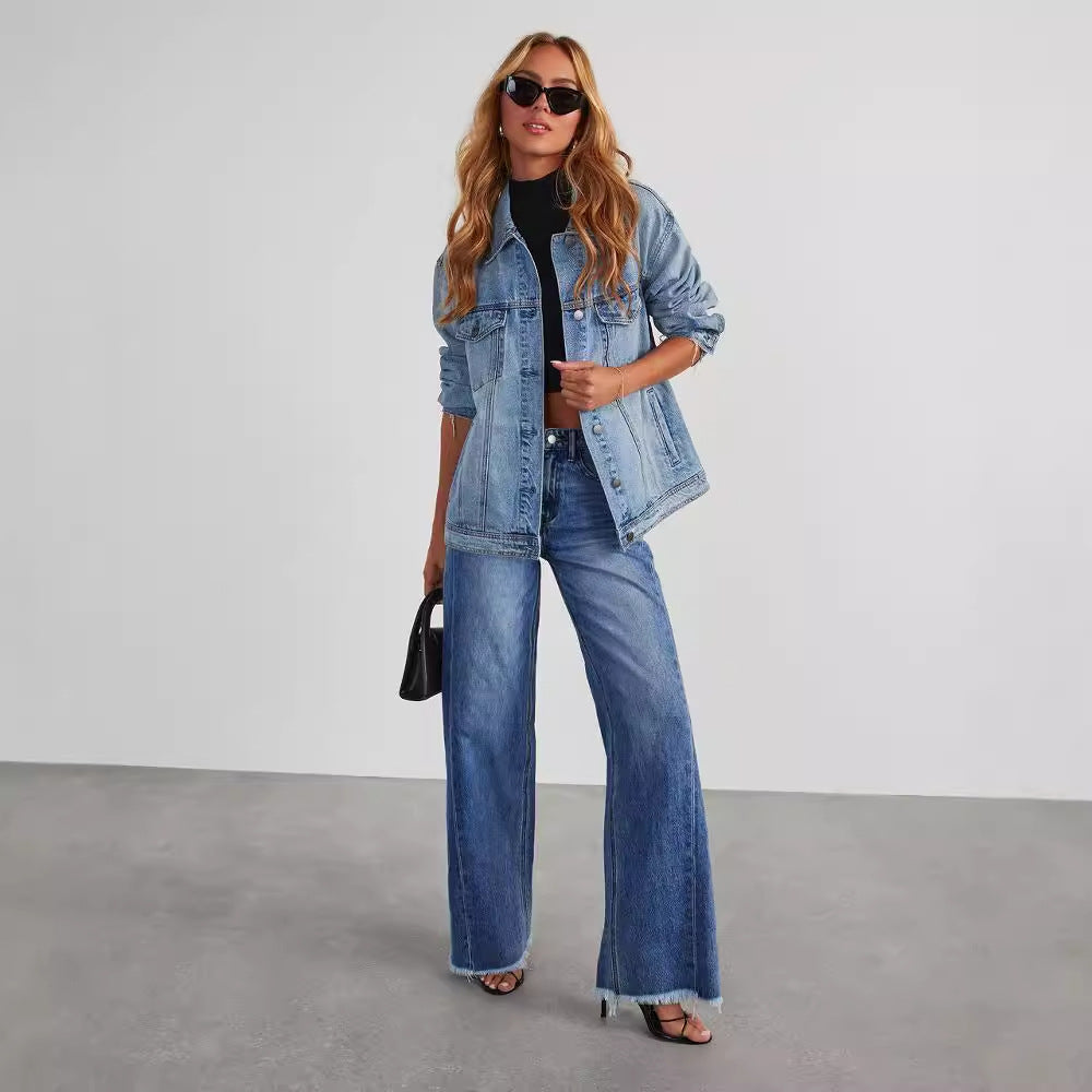 Women's High Waist Straight Wide-Leg Jeans with Pockets