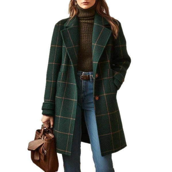 Women's Plaid Mid-Length Lapel Jacket - Plus Size