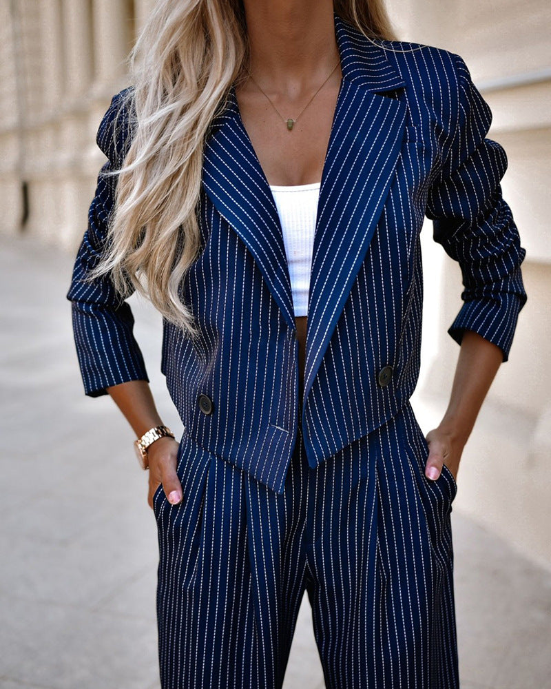 Ensemble deux pièces rayé pour femme - Blazer court et pantalon droit