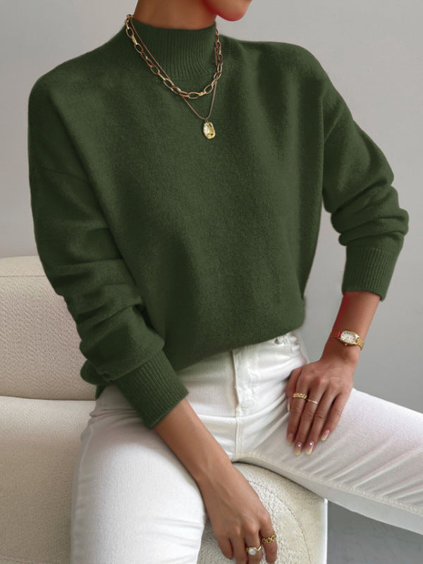 Women's Half-High Collar Knitted Pullover - Solid Color Loose Fit
