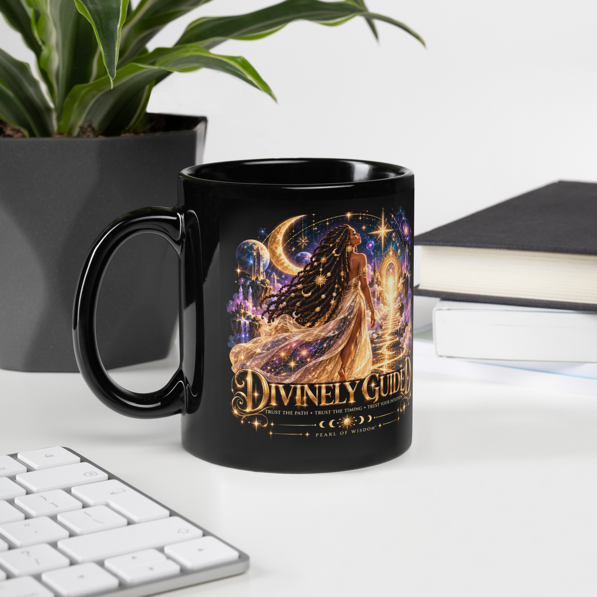Cosmic goddess Divinely Guided Black Glossy Mug