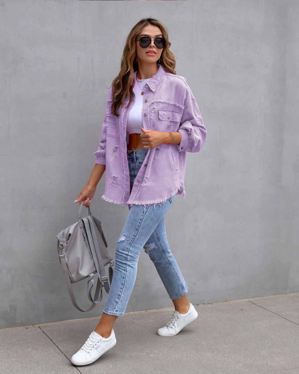 Women's Ripped Denim Shirt Jacket - Casual Spring & Autumn Top