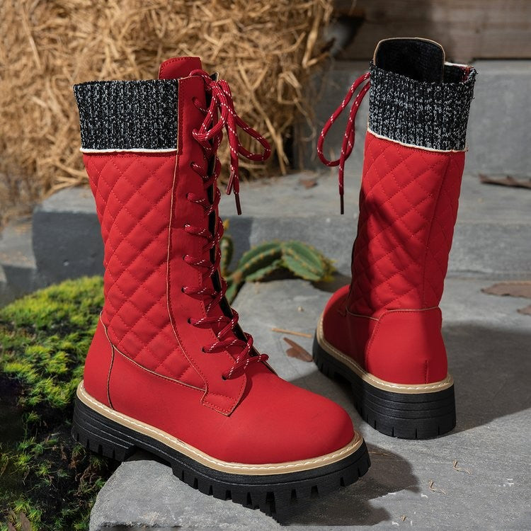 Women's Color-matched lace-up Thick-heeled Martin Boots
