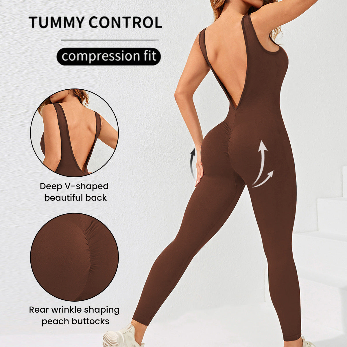 Seamless V-Neck Yoga Jumpsuit - Butt Lifting & Back Slimming