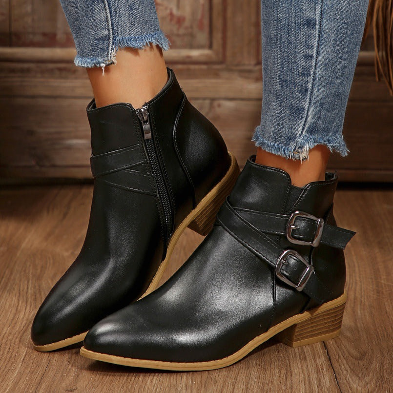 Women's Chunky-Heel Leather Belt-Clasp Side-Zip Ankle Boots
