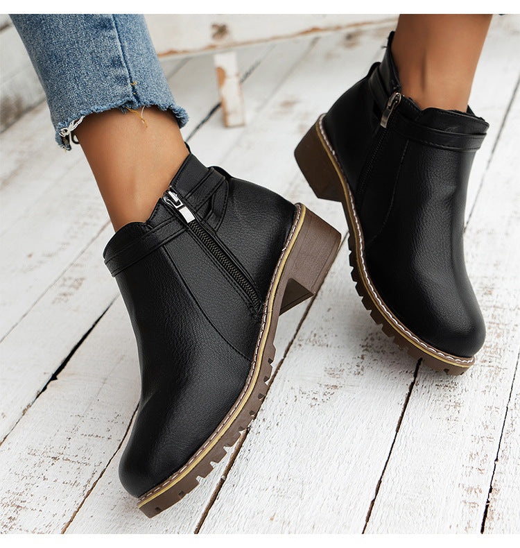 Low-heeled Leather Belt-buckle  Round-toe Ankle Boots