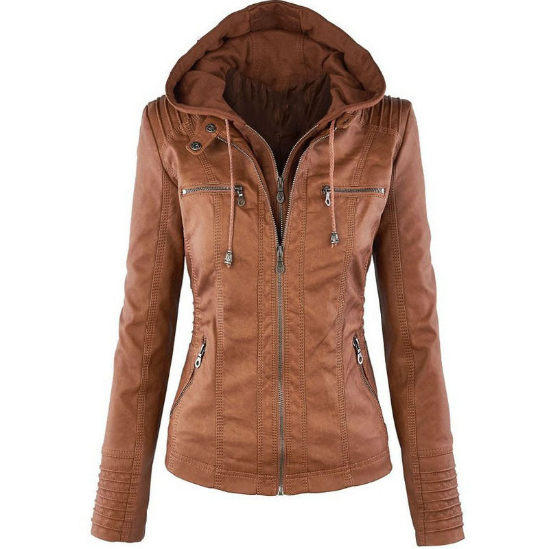 Women's Hooded Leather Jacket - Detachable Hood with Pockets