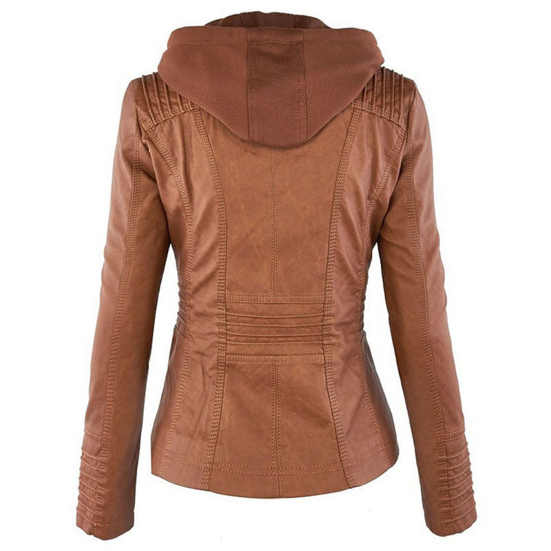 Women's Hooded Leather Jacket - Detachable Hood with Pockets