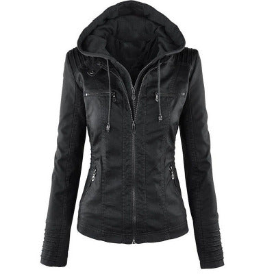 Women's Hooded Leather Jacket - Detachable Hood with Pockets