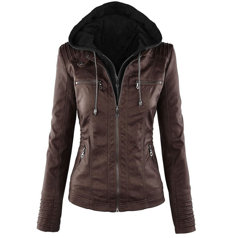 Women's Hooded Leather Jacket - Detachable Hood with Pockets