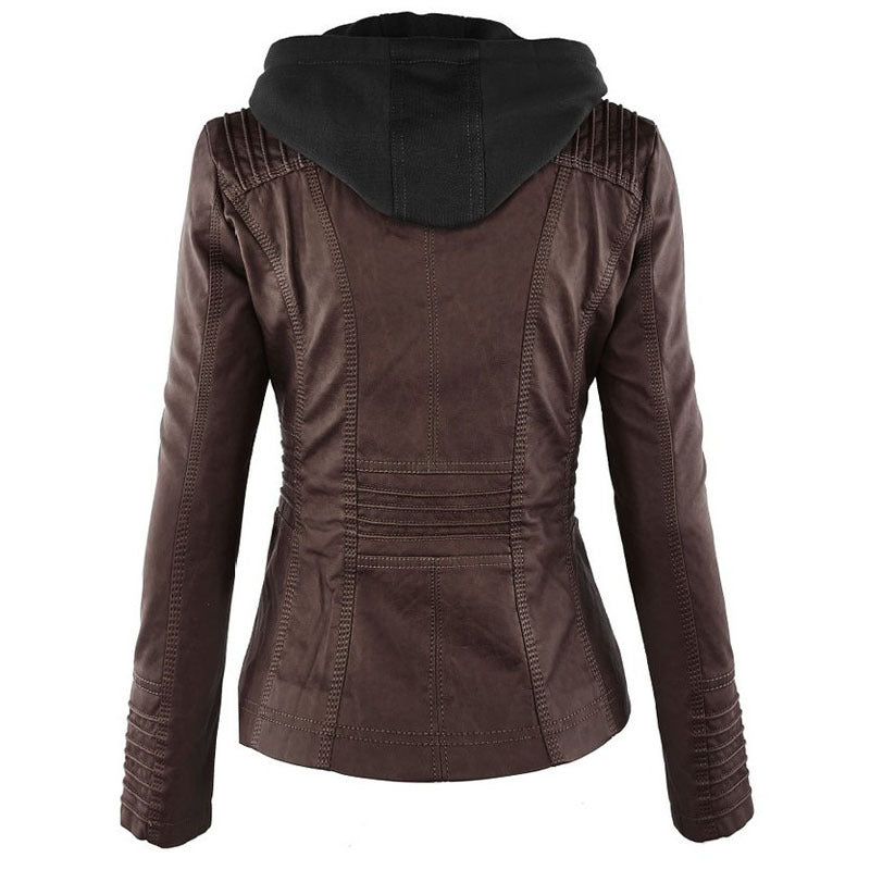 Women's Hooded Leather Jacket - Detachable Hood with Pockets
