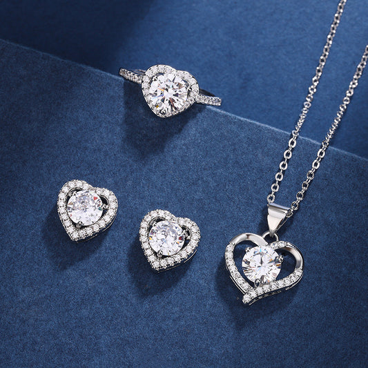 Love Design Silver Necklace Earrings Ring Suit Women