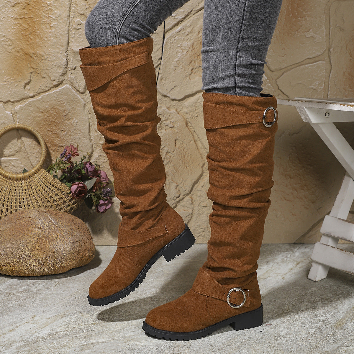 Winter Pleated Buckle High-top  Fashion Boots