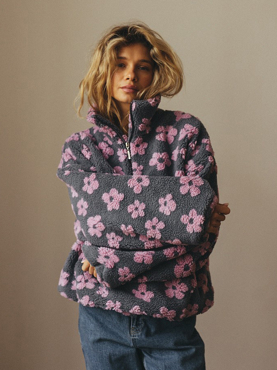 Winter Flowers Lambskin Sweatshirt with Pockets