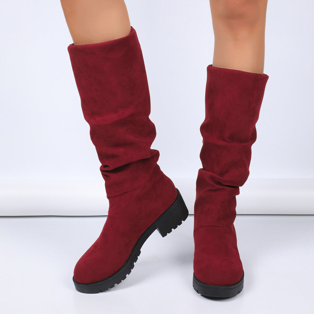 Bottines plissées polyvalentes en daim à talon carré imprimé léopard