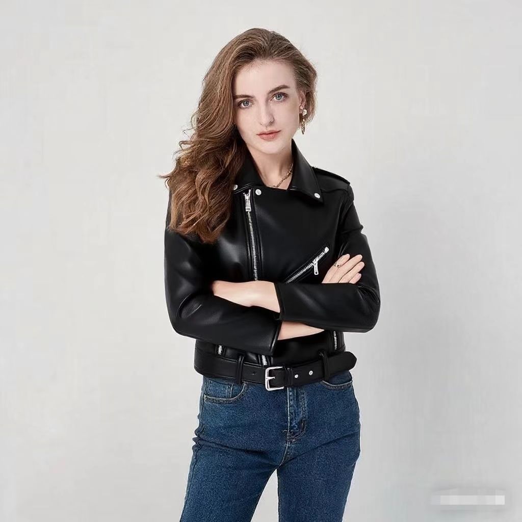 Blouson de motard zippé ajusté délavé pour femme
