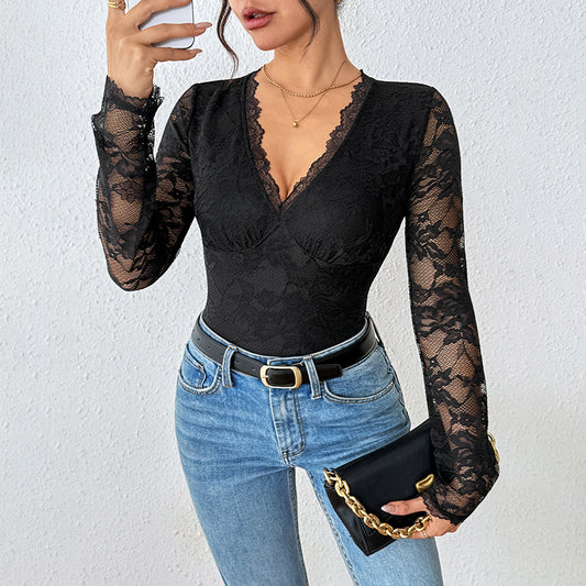 Black Lace V-Neck Bodysuit - Open Back Design