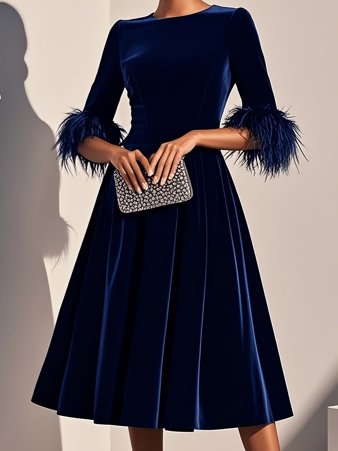 Elegant AutumnWinter Round-Neck Velvet Dress For Women