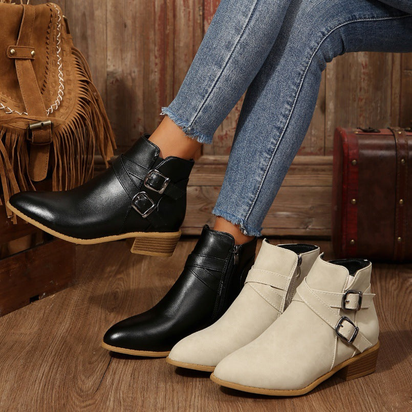 Women's Chunky-Heel Leather Belt-Clasp Side-Zip Ankle Boots