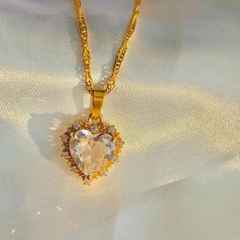 Rainbow Heart Necklace - Gold Rhinestone Clavicle Chain