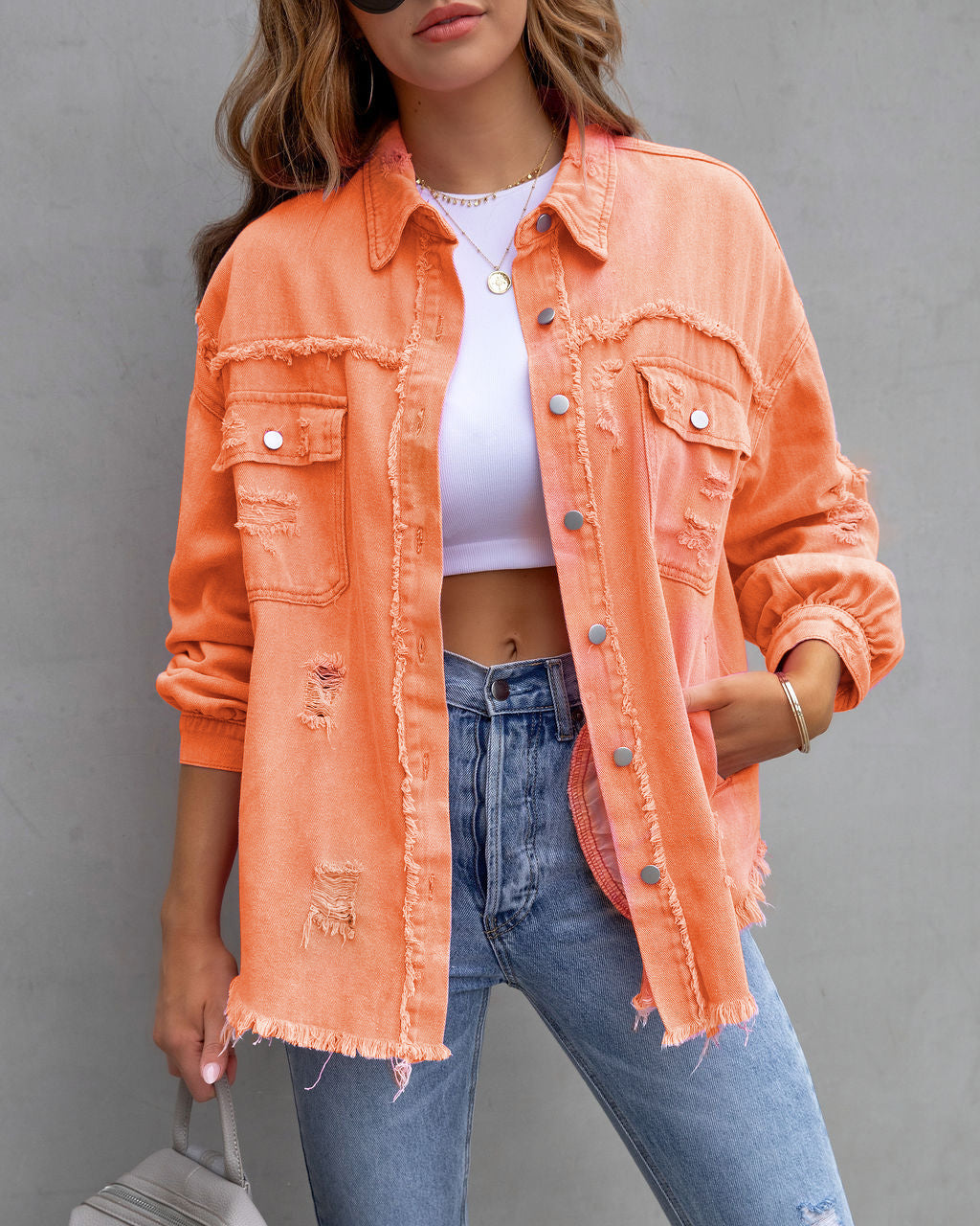 Women's Ripped Denim Shirt Jacket - Casual Spring & Autumn Top