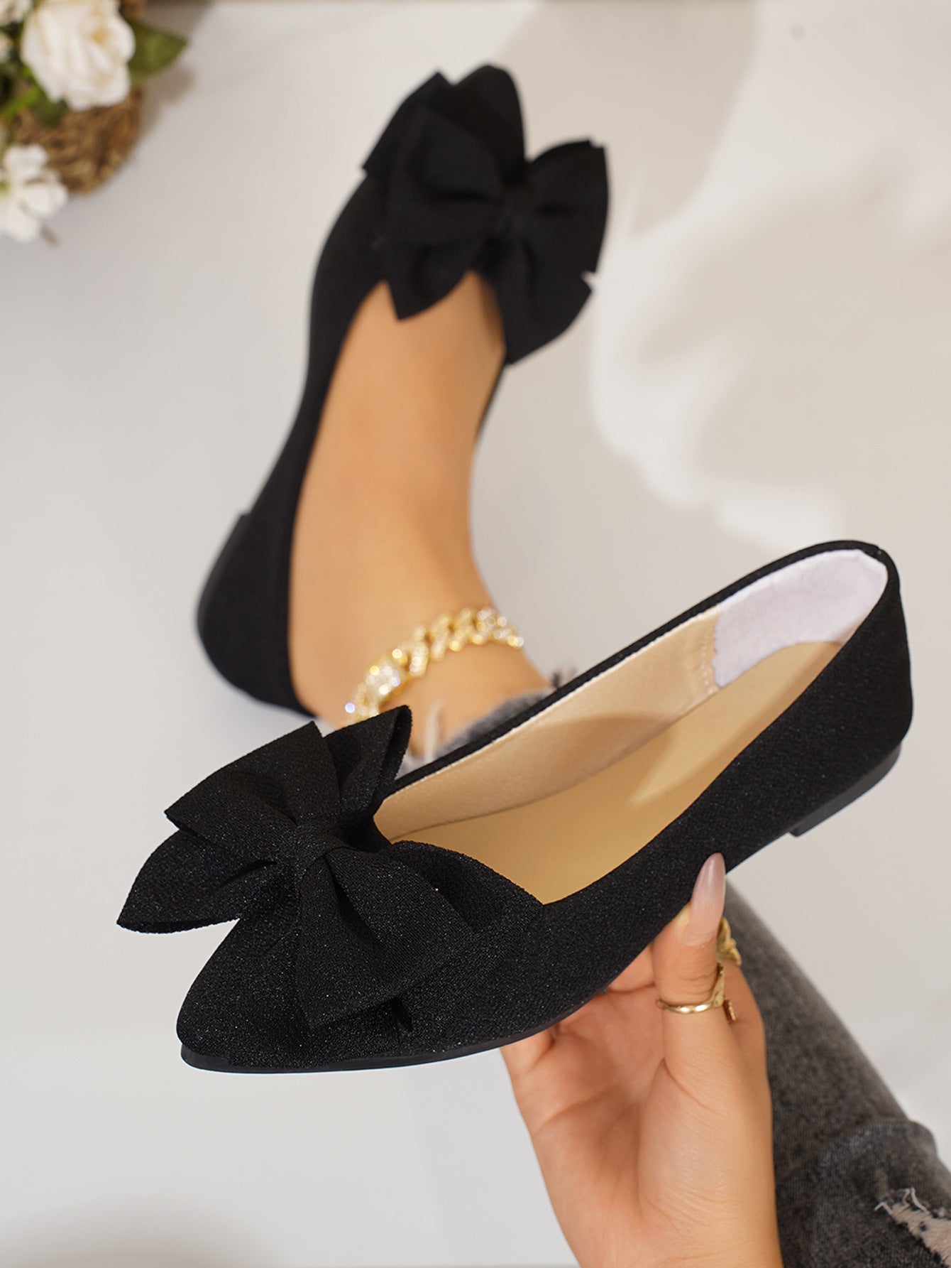 Women's Pointed Toe Slip-On Shoes with Bow Detail