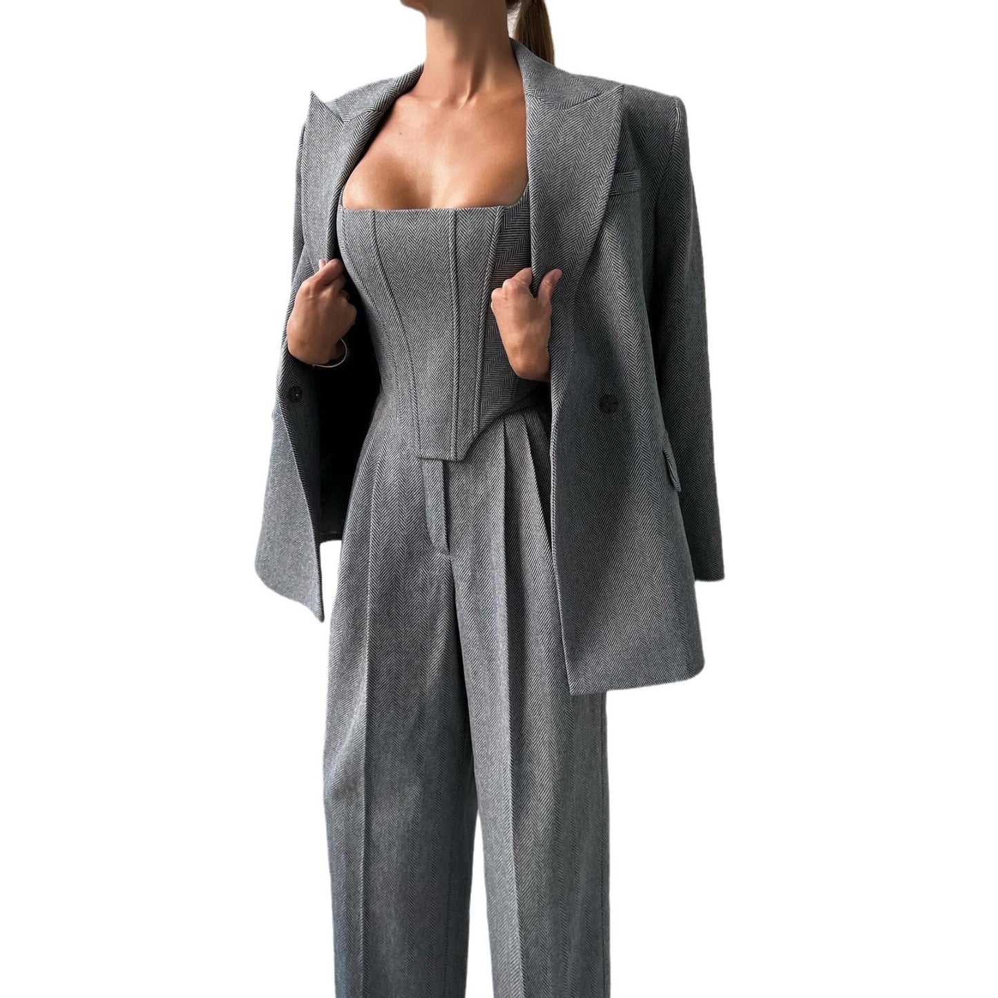 Women's Fishbone Pattern Tailored Suit