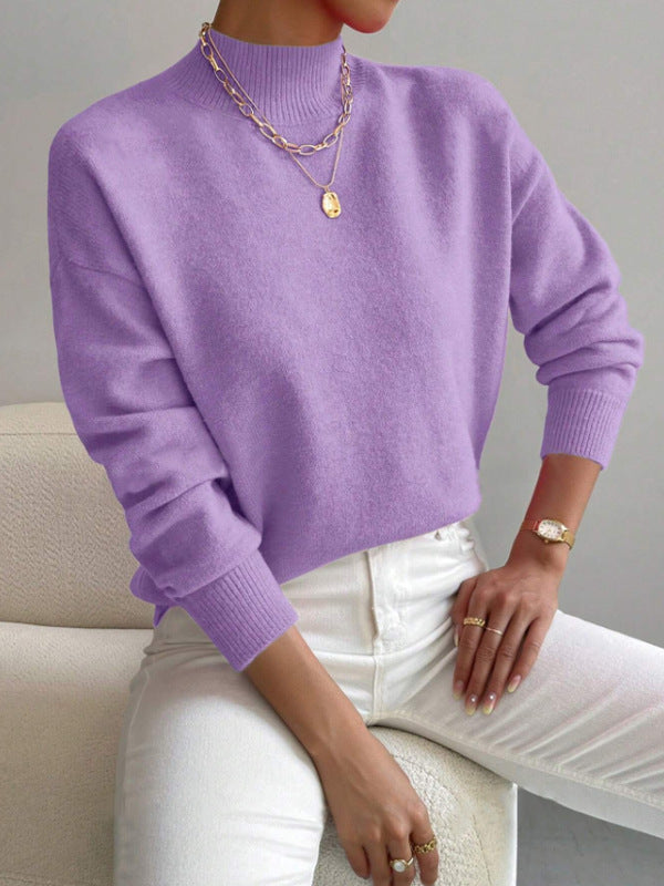 Women's Half-High Collar Knitted Pullover - Solid Color Loose Fit