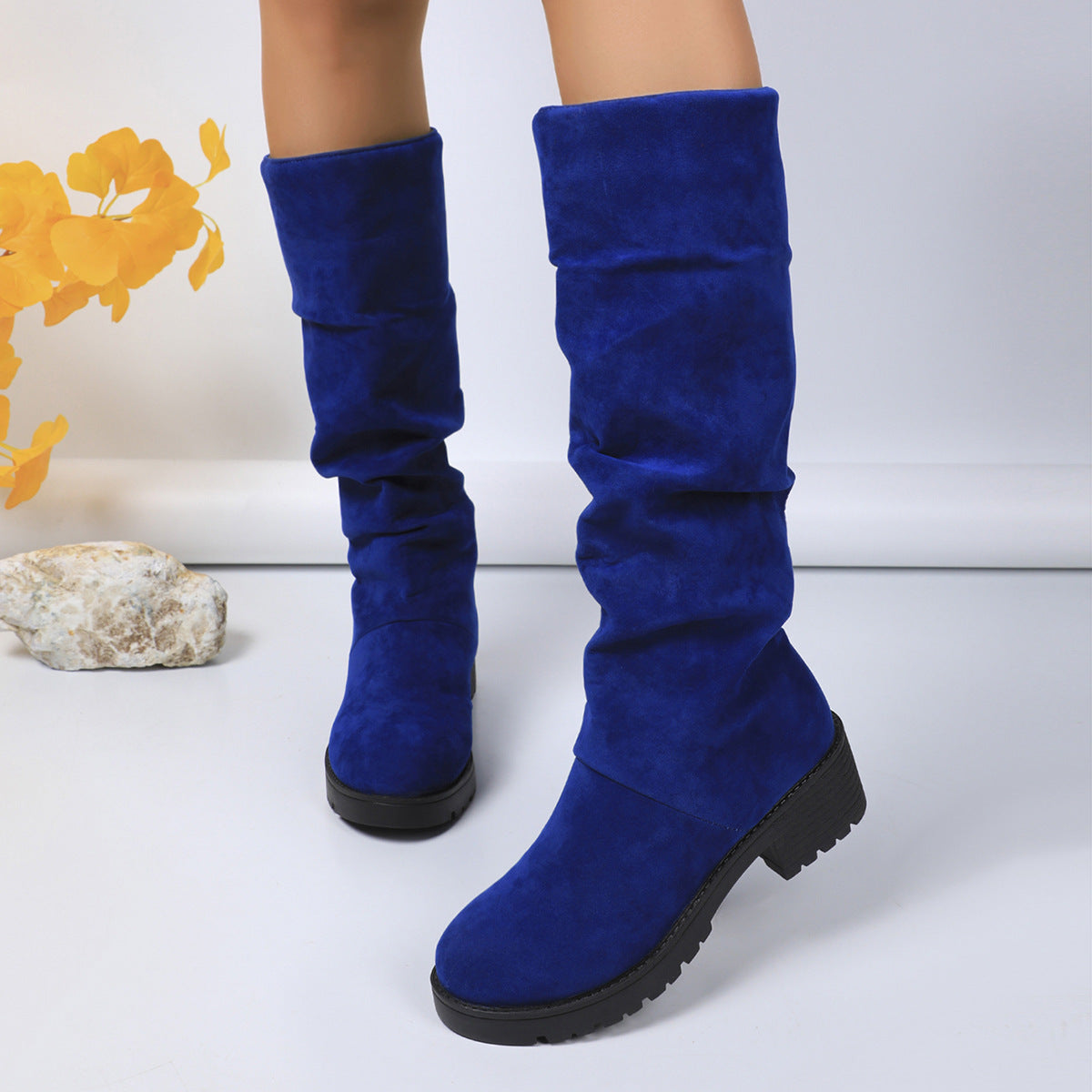 Bottines plissées polyvalentes en daim à talon carré imprimé léopard