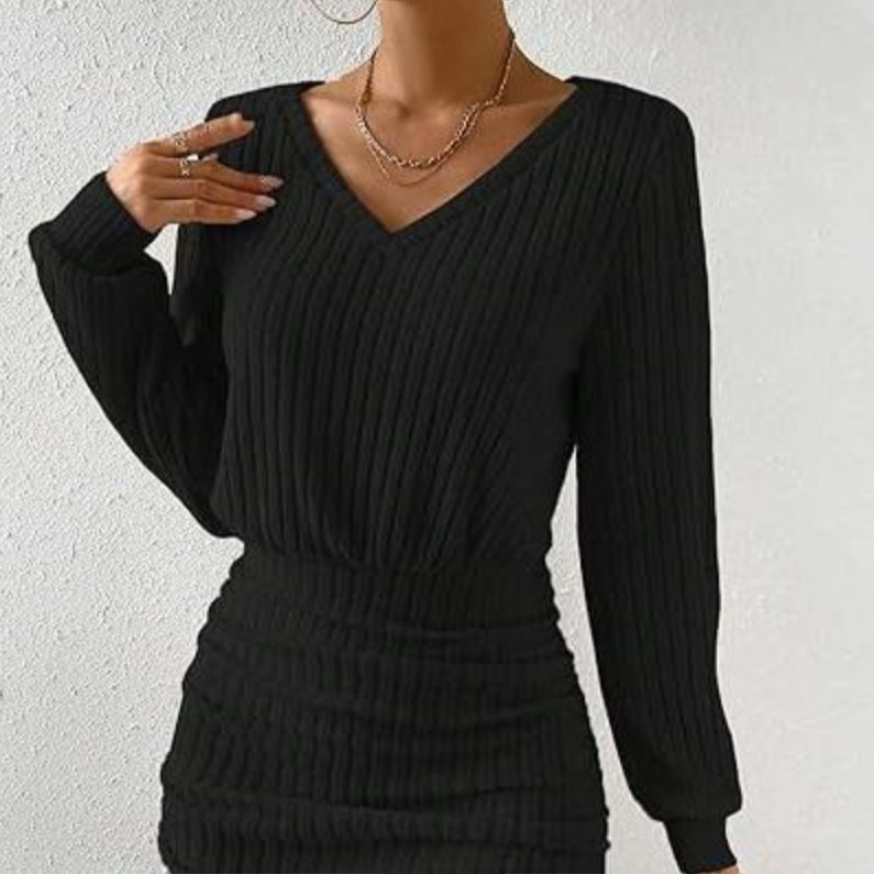 Robe courte plissée à col en V et manches longues pour femme