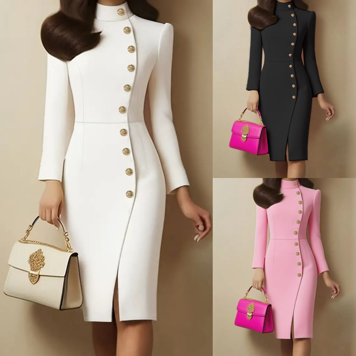 Women's Long Sleeve Stand Collar Button-Front Midi Dress
