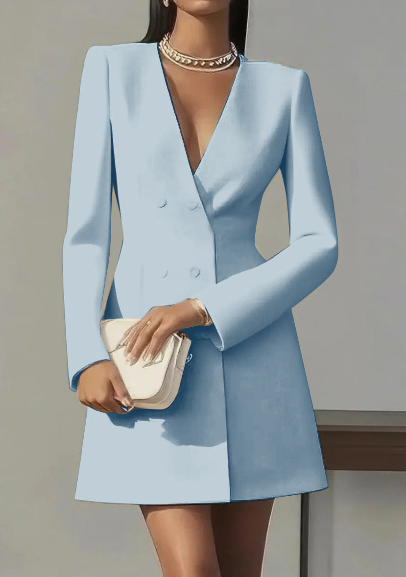 Robe française unie à col en V style tailleur pour femme