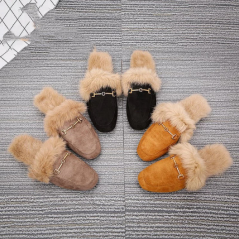 Women's Suede & Velvet Flat-Bottom Slippers - Cozy Fur Lined Comfort Shoes