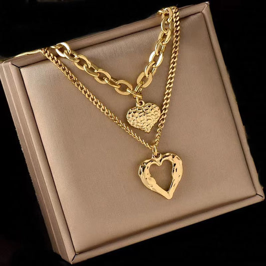 Angel Wings Double Heart Necklace - Titanium Steel Pendant