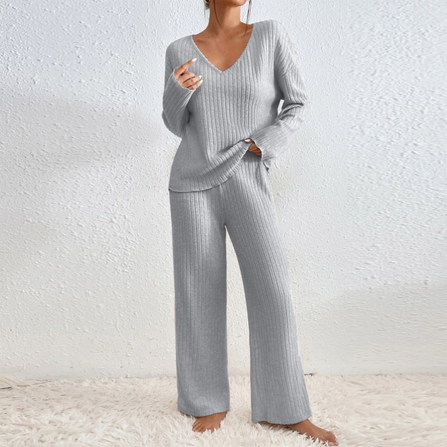 Women's V-Neck Knitted Striped Lounge Set - Long Sleeve