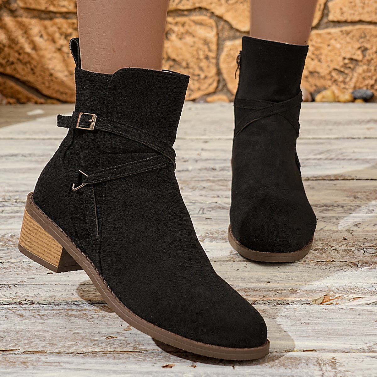 Women's Cross-strap Side Zipper Mid-heel Ankle Boots