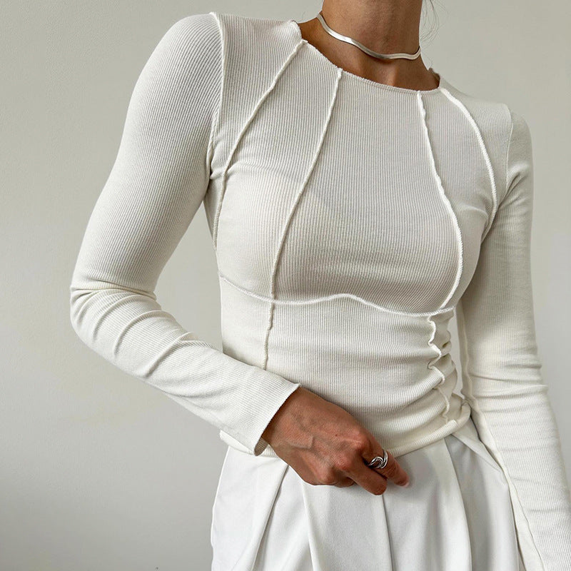 Haut en maille à manches longues coupe ajustée pour femme - Fendu de couleur unie
